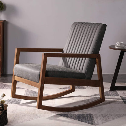 LSFH Unique Design Rocking Chair Leatherette Accent Chair Armchair with Solid Sagwan Wooden Frame Single Sofa Chair for Small Apartments, Living Room or Bedroom (1 Chair, Grey)