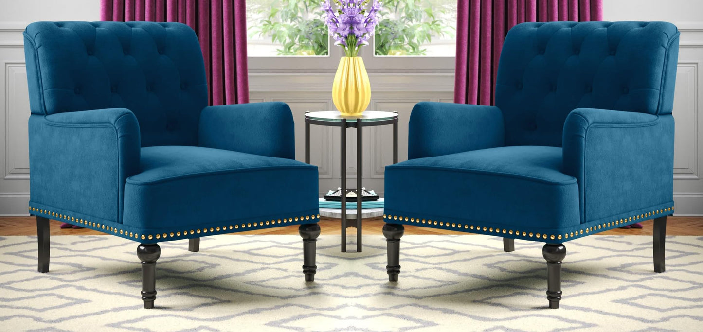 LSFH Unique Design True Innovations Jakuz Accent Chair, Armchair with Solid Sagwan Wooden Frame Single Sofa Chair for Small Apartments, Living Room or Bedroom (Set of 2 Chairs, Navy Blue)