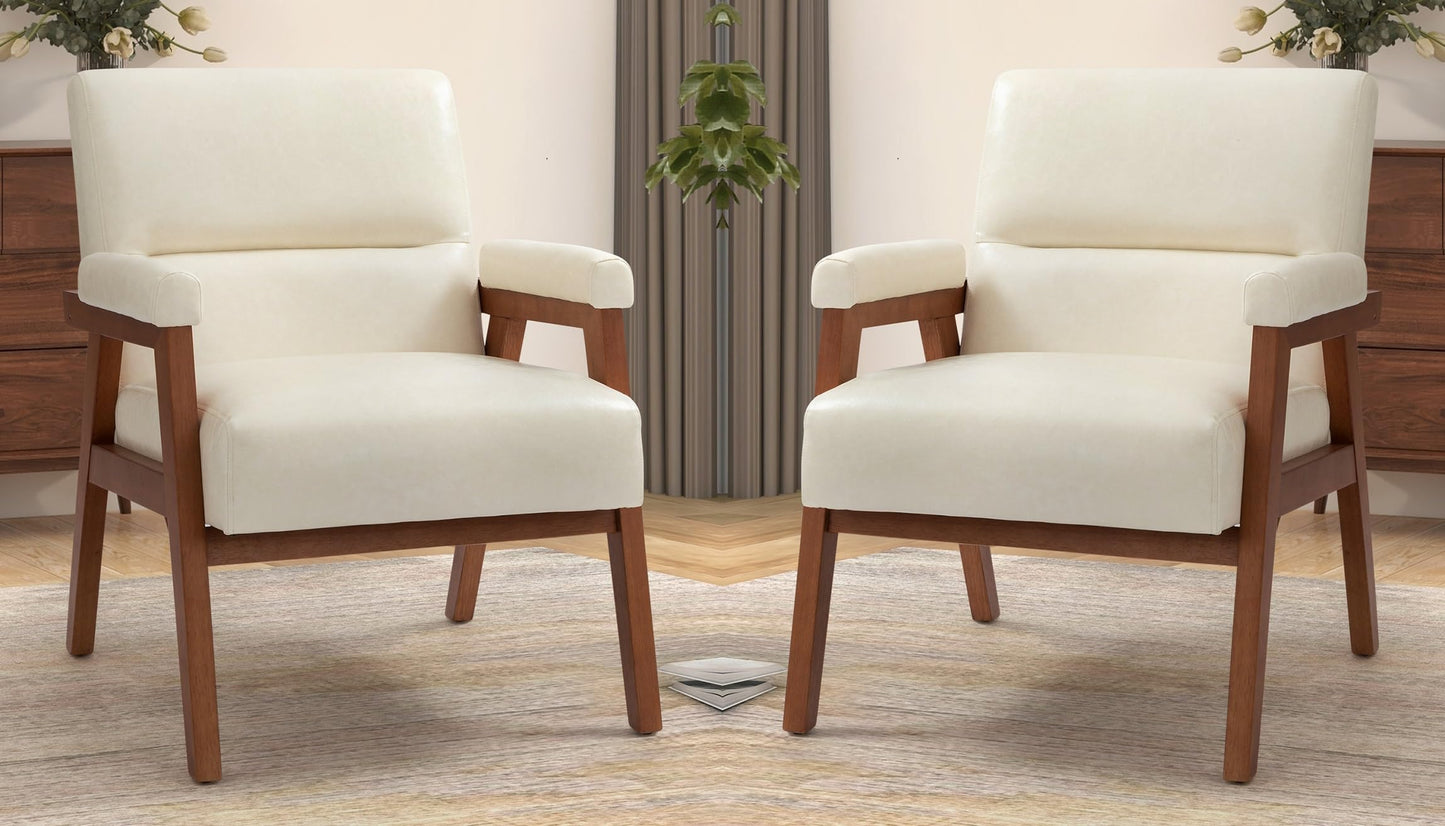 LSFH Unique Design True Innovations Mackenne Accent Chair, Ottoman Armchair with Solid Sagwan Wooden Frame Single Sofa Chair for Small Apartments, Living Room or Bedroom (Set Of 2 Chairs, Cream White)