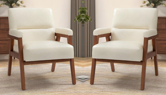 LSFH Unique Design True Innovations Mackenne Accent Chair, Ottoman Armchair with Solid Sagwan Wooden Frame Single Sofa Chair for Small Apartments, Living Room or Bedroom (Set Of 2 Chairs, Cream White)