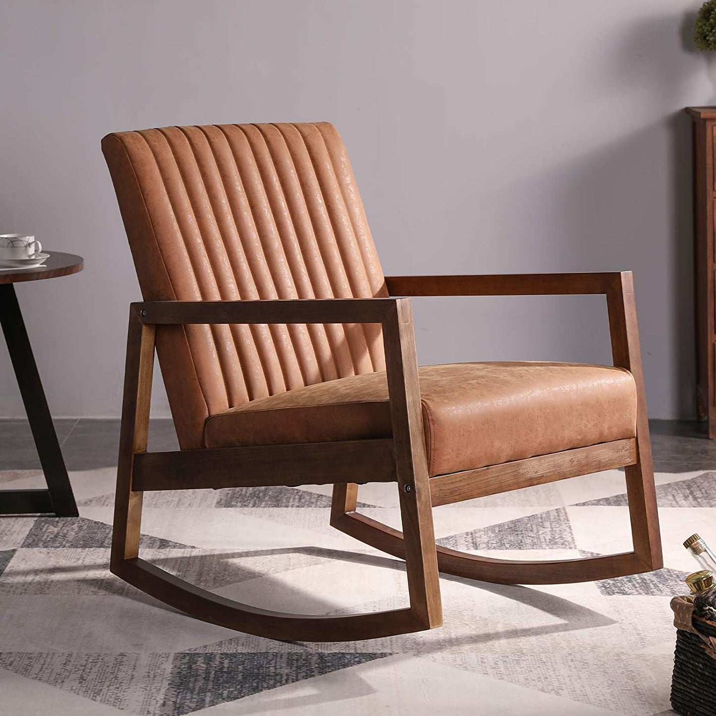 LSFH Unique Design Rocking Chair Leatherette Accent Chair Armchair with Solid Sagwan Wooden Frame Single Sofa Chair for Small Apartments, Living Room or Bedroom (1 Chair, Brown)