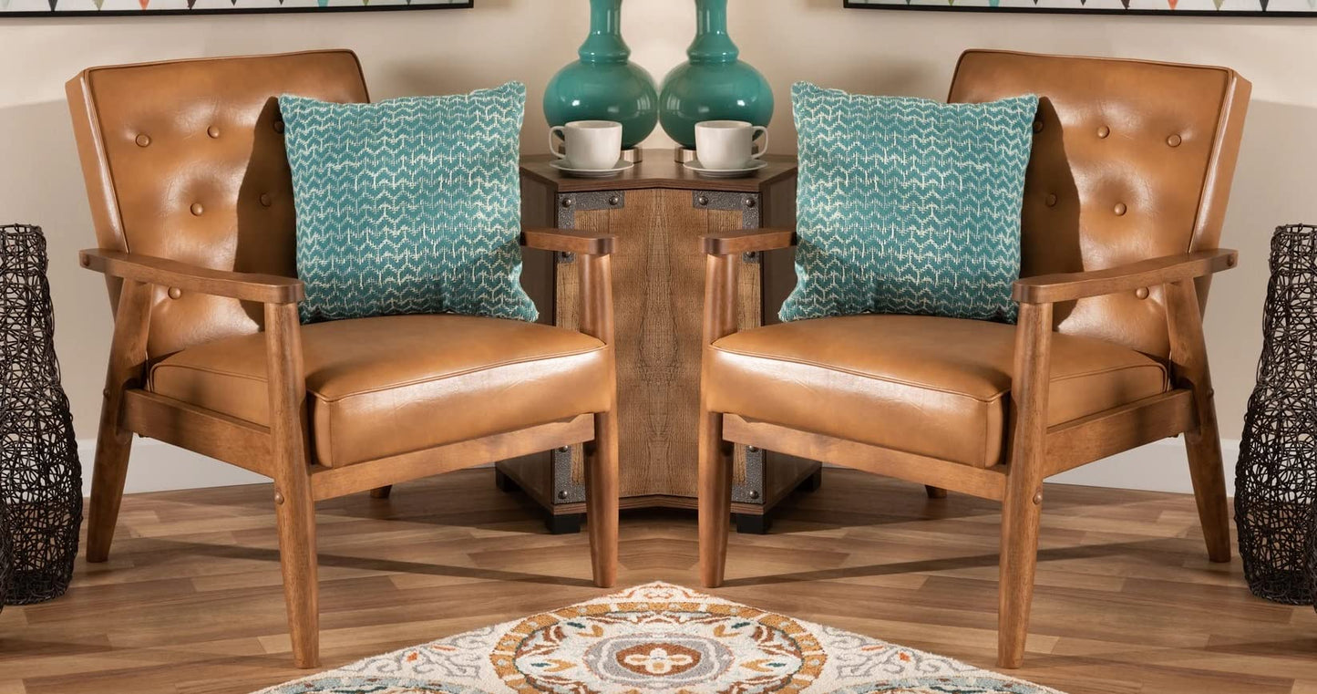 LSFH Unique Design True Innovations Sorrento Button-Tufted Accent Armchair with Solid Teak Wood Frame, Set of 2, Brown