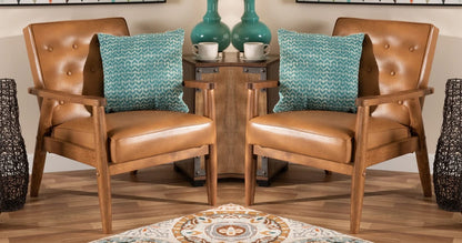 LSFH Unique Design True Innovations Sorrento Button-Tufted Accent Armchair with Solid Teak Wood Frame, Set of 2, Brown
