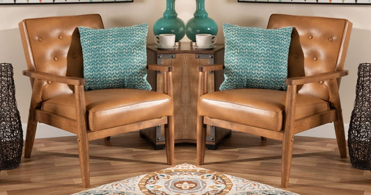 LSFH Unique Design True Innovations Sorrento Button-Tufted Accent Armchair with Solid Teak Wood Frame, Set of 2, Brown