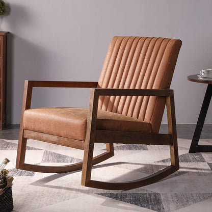 LSFH Unique Design Rocking Chair Leatherette Accent Chair Armchair with Solid Sagwan Wooden Frame Single Sofa Chair for Small Apartments, Living Room or Bedroom (1 Chair, Brown)