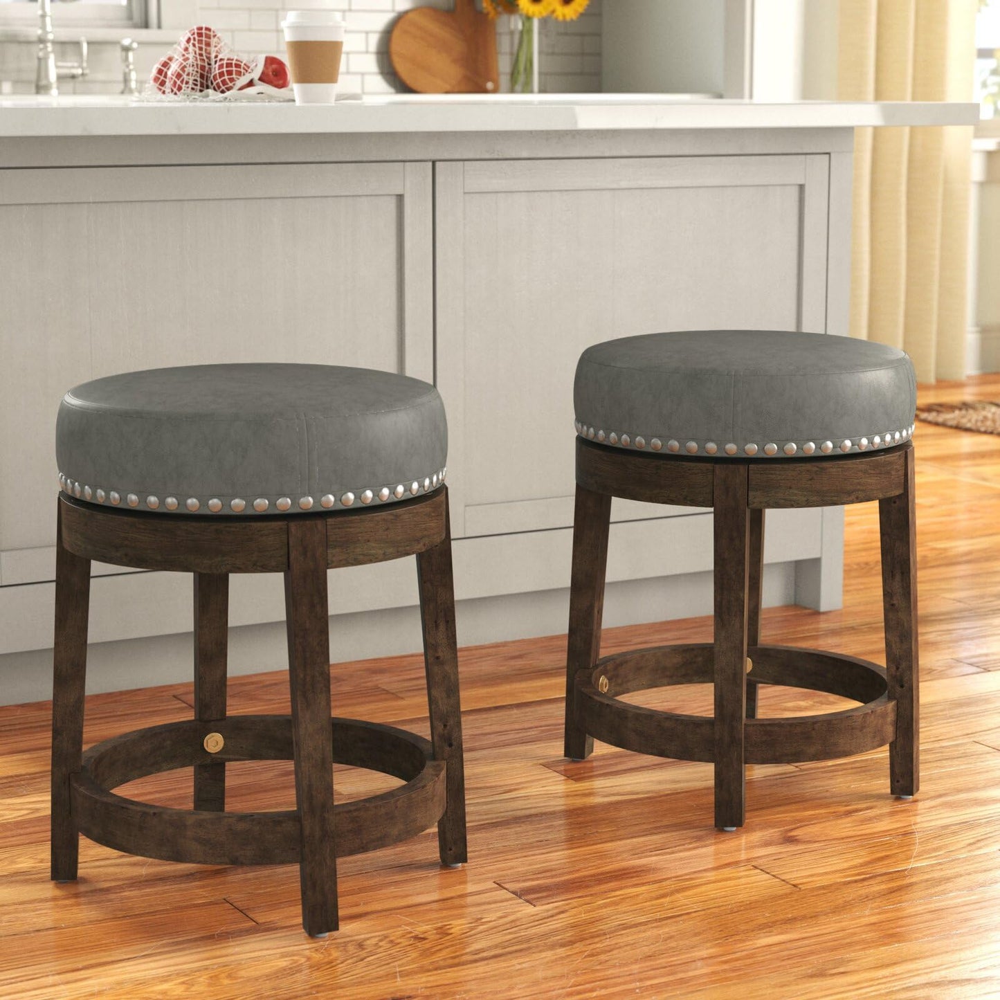 LSFH Unique Design True Innovations Arlettez Swivel Bar Stool with 100% Sagwan Wood Frame 360 Degree Ball & Cast Swivel Pub Height Bar Stool for Shop, Salon, Office and Home (Set of 2 Barstool, Grey)