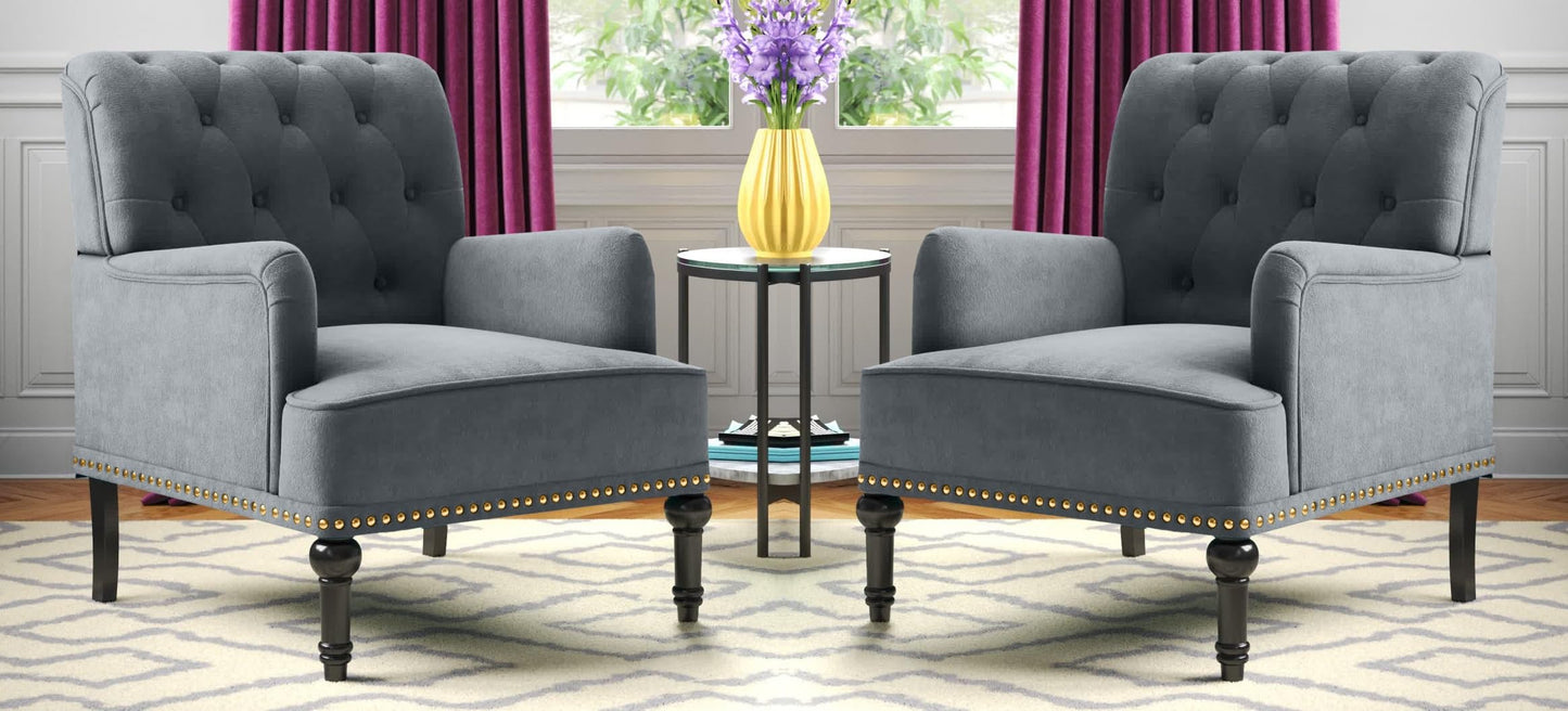 LSFH Unique Design True Innovations Jakuz Accent Chair, Armchair with Solid Sagwan Wooden Frame Single Sofa Chair for Small Apartments, Living Room or Bedroom (Set of 2 Chairs, Grey)