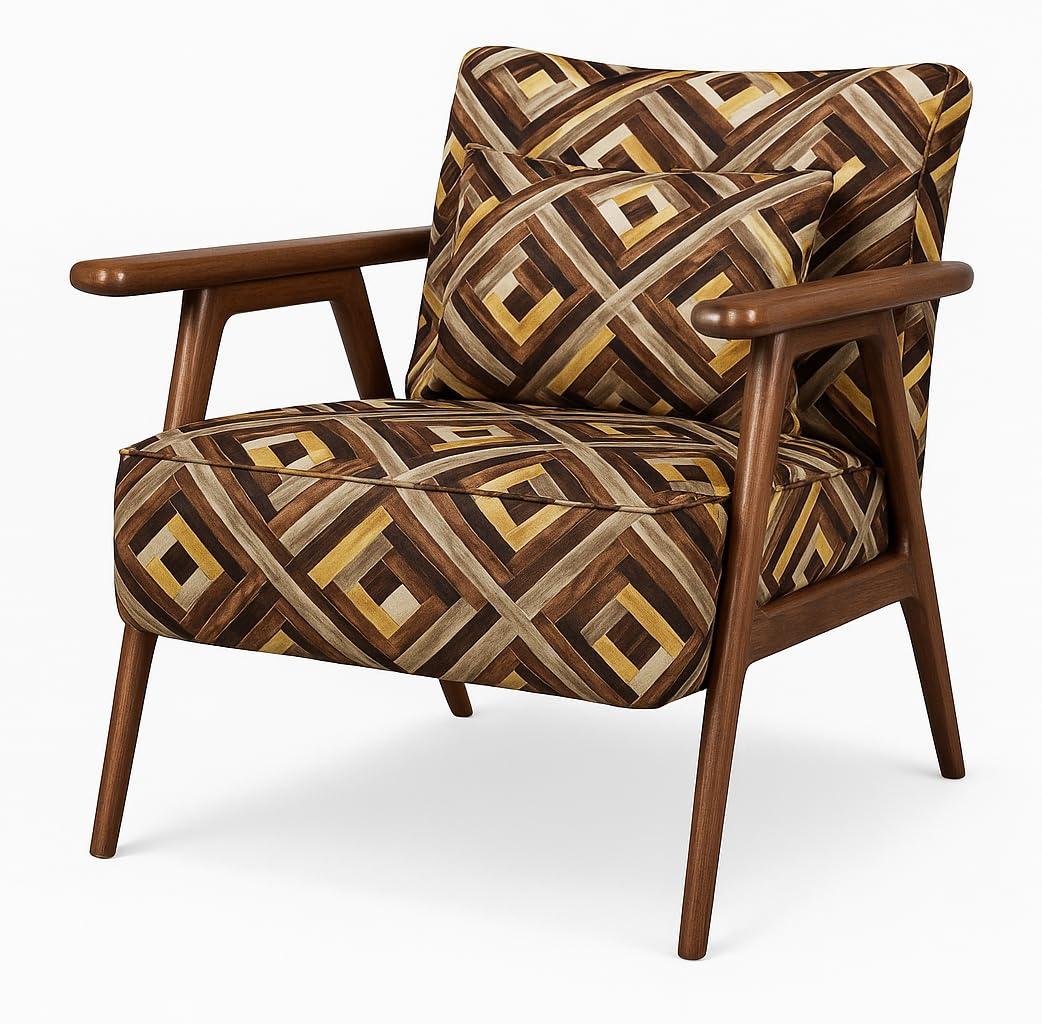 LSFH Unique Design True Innovations Grcia Hendricks Accent Chair Armchair with Solid Sagwan Wooden Frame Single Sofa Chair for Small Apartments, Living Room or Bedroom (1 Chair, Squre Printed)