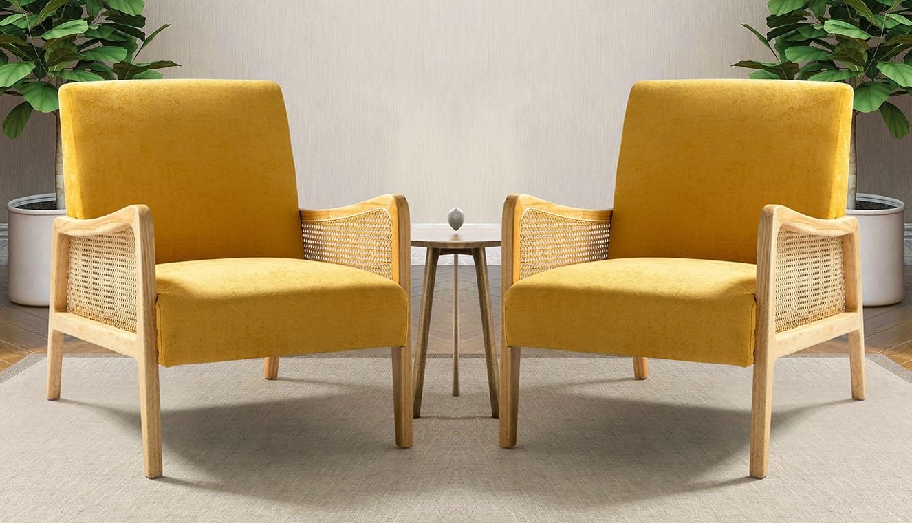 LSFH Unique Design Fabric Upholstered Rattan Cane Accent Chair, Armchair with Solid Sagwan Wooden Frame Single Sofa Chair for Small Apartments, Living Room or Bedroom (Set of 2 Chairs, Yellow)