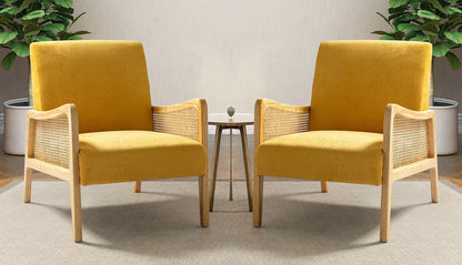 LSFH Unique Design Fabric Upholstered Rattan Cane Accent Chair, Armchair with Solid Sagwan Wooden Frame Single Sofa Chair for Small Apartments, Living Room or Bedroom (Set of 2 Chairs, Yellow)