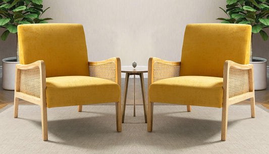 LSFH Unique Design Fabric Upholstered Rattan Cane Accent Chair, Armchair with Solid Sagwan Wooden Frame Single Sofa Chair for Small Apartments, Living Room or Bedroom (Set of 2 Chairs, Yellow)