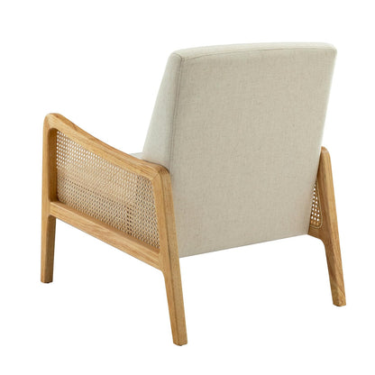 LSFH Unique Design Fabric Upholstered Rattan Cane Accent Chair, Armchair with Solid Sagwan Wooden Frame Single Sofa Chair for Small Apartments, Living Room or Bedroom (1 Chair, Off White)