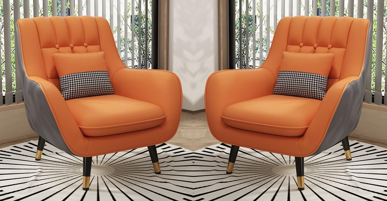 LSFH Unique Design True Innovations Nordic Light Accent Chair, Armchair with Solid Sagwan Wooden Frame for Small Apartments, Living Room or Bedroom (Set of 2 Chairs, Contrast Orange)