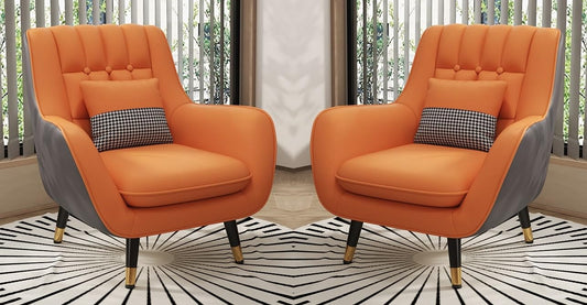 LSFH Unique Design True Innovations Nordic Light Accent Chair, Armchair with Solid Sagwan Wooden Frame for Small Apartments, Living Room or Bedroom (Set of 2 Chairs, Contrast Orange)
