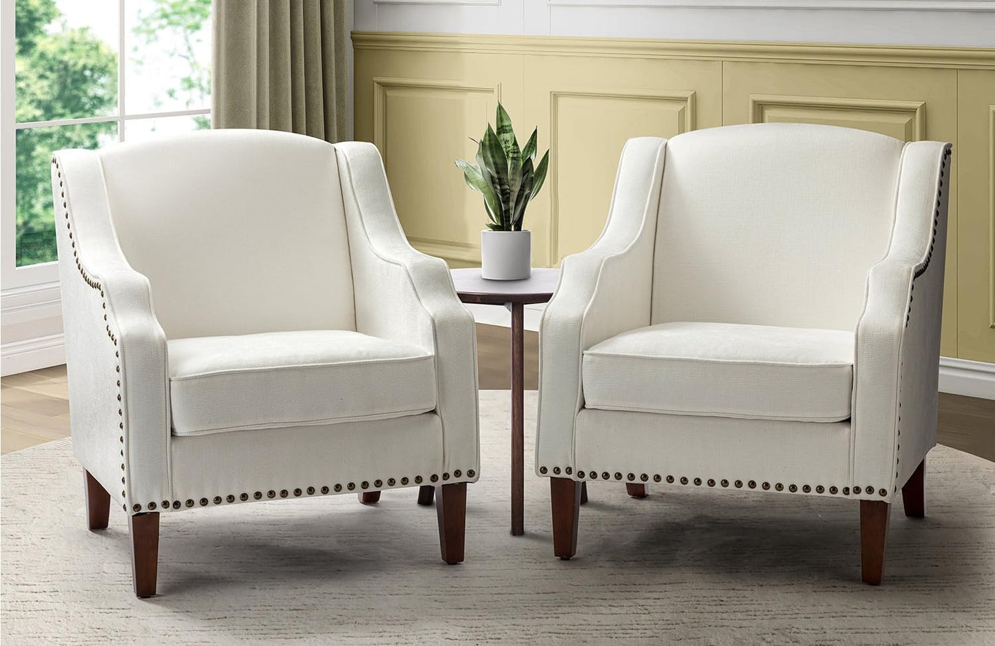LSFH Unique Design True Innovations Aleithz Accent Chair, Armchair with Solid Sagwan Wooden Frame Single Sofa Chair for Small Apartments, Living Room or Bedroom (Set of 2 Chairs, Off-White)
