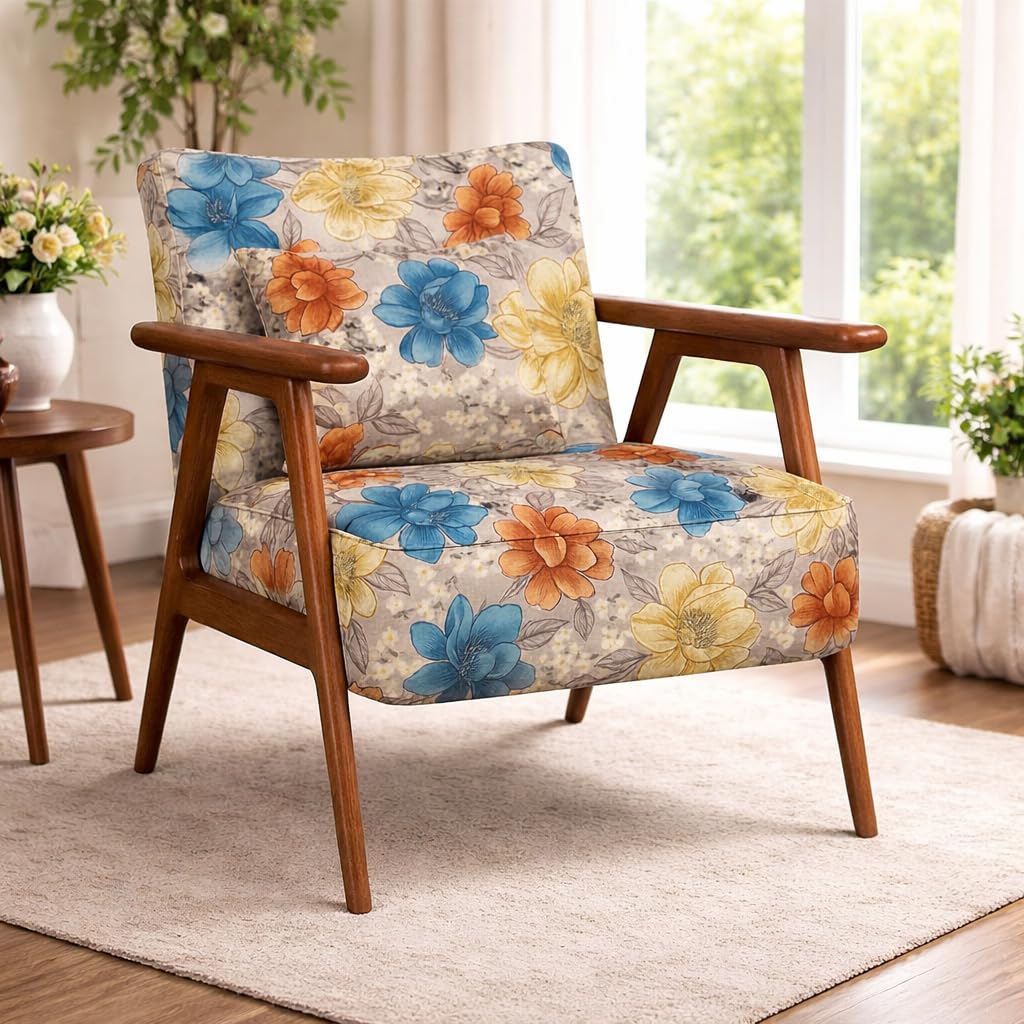 LSFH Unique Design Grcia Hendricks Accent Chair Armchair with Solid Sagwan Wooden Frame Single Sofa Chair for Small Apartments, Living Room or Bedroom (1 Chair, Flower Printed)