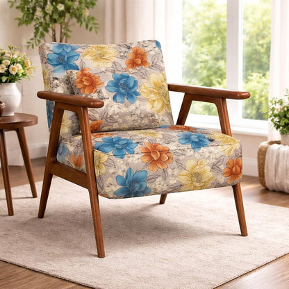 LSFH Unique Design Grcia Hendricks Accent Chair Armchair with Solid Sagwan Wooden Frame Single Sofa Chair for Small Apartments, Living Room or Bedroom (1 Chair, Flower Printed)