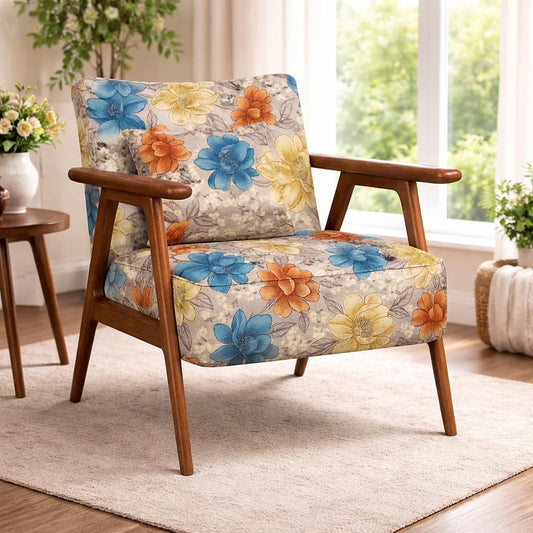 LSFH Unique Design Grcia Hendricks Accent Chair Armchair with Solid Sagwan Wooden Frame Single Sofa Chair for Small Apartments, Living Room or Bedroom (1 Chair, Flower Printed)