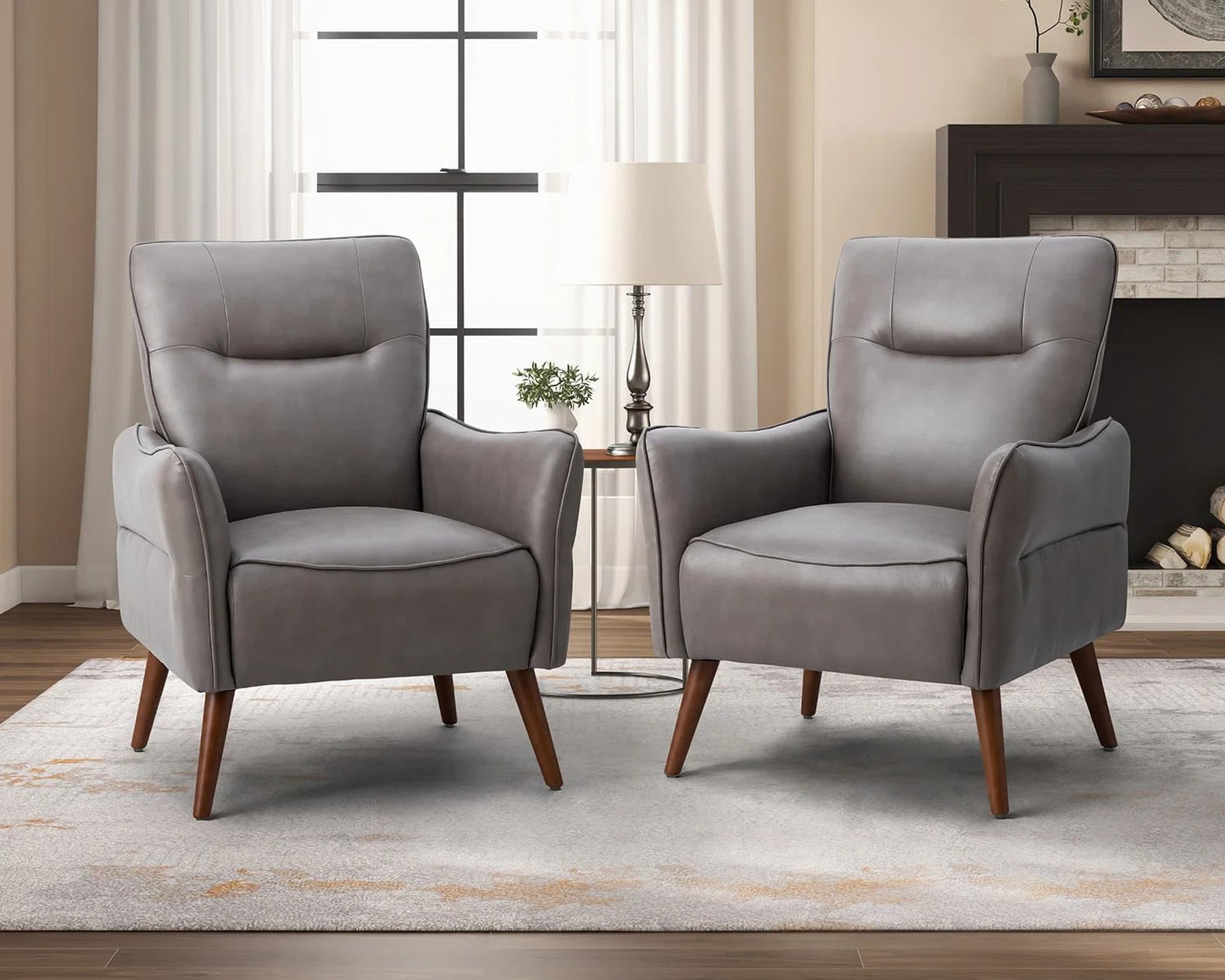 LSFH Unique Design True Innovations Amyle Accent Chair, Ottoman Armchair with Solid Sagwan Wooden Frame Single Sofa Chair for Small Apartments, Living Room or Bedroom (Set of 2 Chairs, Grey)