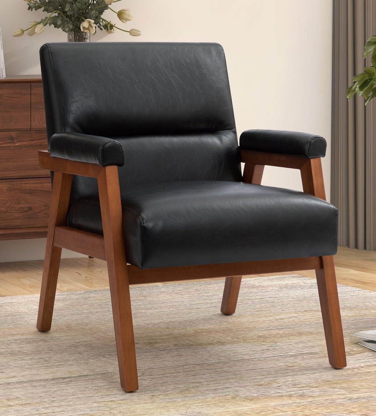 LSFH Unique Design True Innovations Mackenne Accent Chair, Ottoman Armchair with Solid Sagwan Wooden Frame Single Sofa Chair for Small Apartments, Living Room or Bedroom (Set of 2 Chairs, Black)