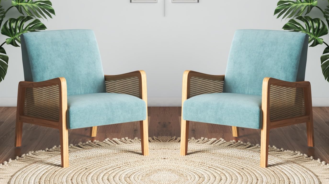LSFH Unique Design Fabric Upholstered Rattan Cane Accent Chair, Armchair with Solid Sagwan Wooden Frame Single Sofa Chair for Small Apartments, Living Room or Bedroom (Set of 2 Chairs, Sky Blue)