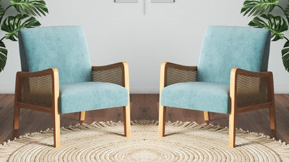 LSFH Unique Design Fabric Upholstered Rattan Cane Accent Chair, Armchair with Solid Sagwan Wooden Frame Single Sofa Chair for Small Apartments, Living Room or Bedroom (Set of 2 Chairs, Sky Blue)