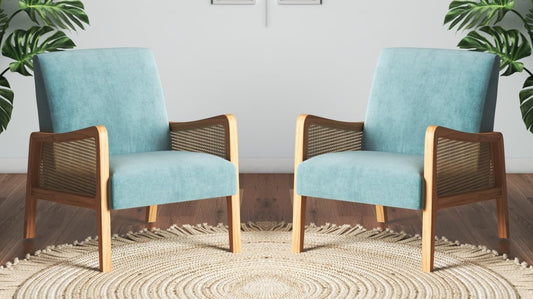 LSFH Unique Design Fabric Upholstered Rattan Cane Accent Chair, Armchair with Solid Sagwan Wooden Frame Single Sofa Chair for Small Apartments, Living Room or Bedroom (Set of 2 Chairs, Sky Blue)