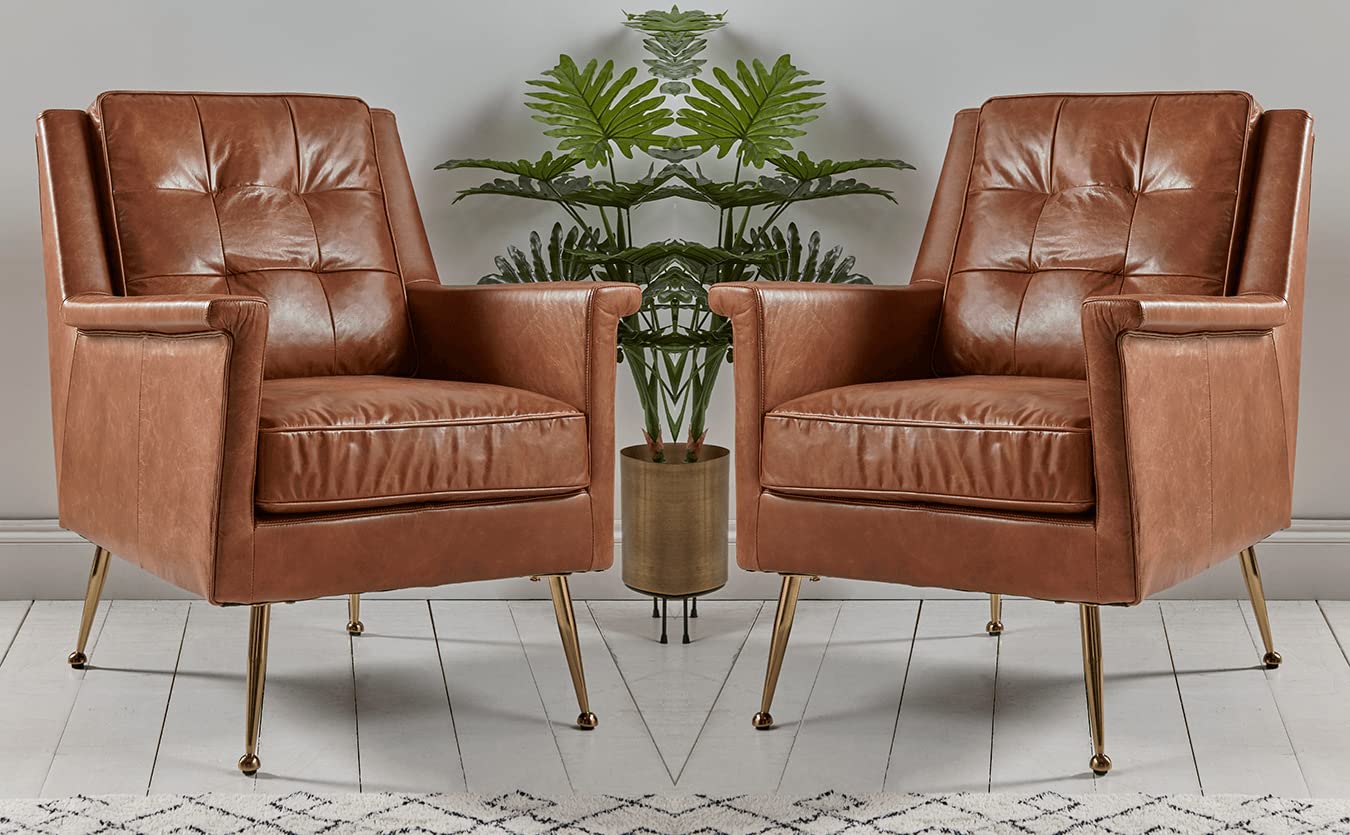 LSFH Unique Design True Innovations Buttoned Leatherette Accent Chair Armchair with Gold Stainless Steel Legs Single Sofa Chair for Small Apartments, Living Room or Bedroom (Set of 2 Chairs, Brown)