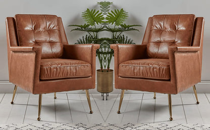 LSFH Unique Design True Innovations Buttoned Leatherette Accent Chair Armchair with Gold Stainless Steel Legs Single Sofa Chair for Small Apartments, Living Room or Bedroom (Set of 2 Chairs, Brown)