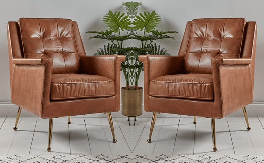 LSFH Unique Design True Innovations Buttoned Leatherette Accent Chair Armchair with Gold Stainless Steel Legs Single Sofa Chair for Small Apartments, Living Room or Bedroom (Set of 2 Chairs, Brown)
