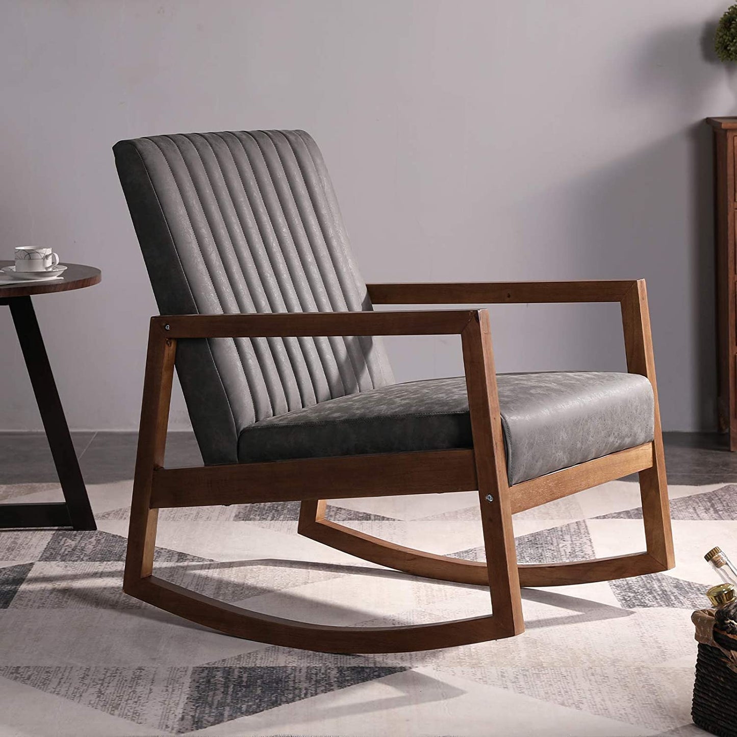 LSFH Unique Design Rocking Chair Leatherette Accent Chair Armchair with Solid Sagwan Wooden Frame Single Sofa Chair for Small Apartments, Living Room or Bedroom (1 Chair, Grey)