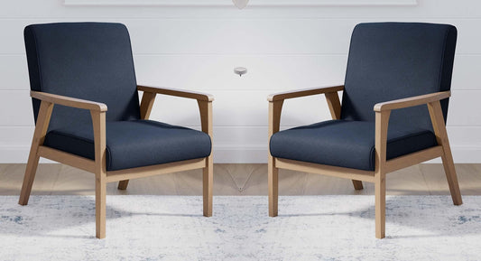 LSFH Unique Design True Innovations Brookside Fabric Accent Chair Armchair with Solid Sagwan Wooden Frame Single Sofa Chair for Small Apartments, Living Room or Bedroom (Set of 2 Chairs, Navy)