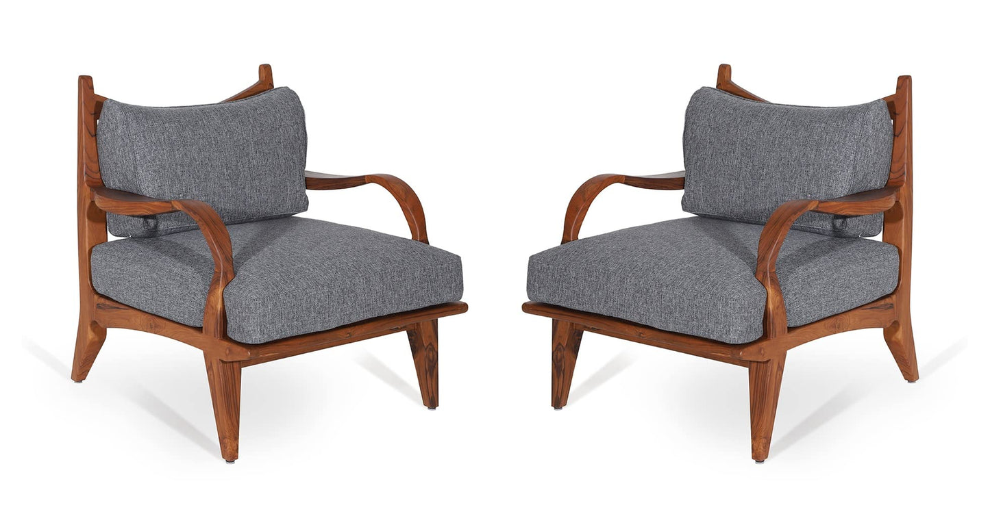 LSFH Unique Design Araax Organic Shape Fabric Accent Chair Armchair with Solid Sagwan Wooden Frame Single Sofa Chair for Small Apartments, Living Room or Bedroom (Set of 2 Chairs, Grey)