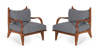 LSFH Unique Design Araax Organic Shape Fabric Accent Chair Armchair with Solid Sagwan Wooden Frame Single Sofa Chair for Small Apartments, Living Room or Bedroom (Set of 2 Chairs, Grey)