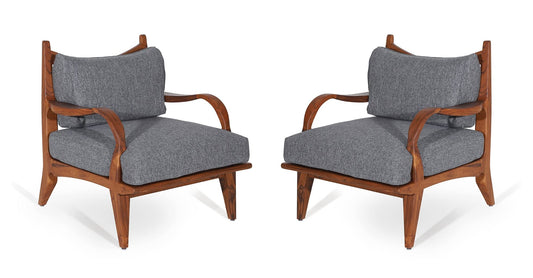 LSFH Unique Design Araax Organic Shape Fabric Accent Chair Armchair with Solid Sagwan Wooden Frame Single Sofa Chair for Small Apartments, Living Room or Bedroom (Set of 2 Chairs, Grey)