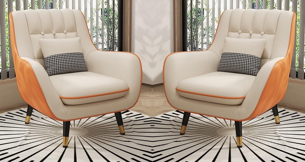 LSFH Unique Design True Innovations Nordic Light Accent Chair, Armchair with Solid Sagwan Wooden Frame for Small Apartments, Living Room or Bedroom (Set of 2 Chairs, Beige & Orange)