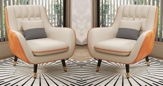 LSFH Unique Design True Innovations Nordic Light Accent Chair, Armchair with Solid Sagwan Wooden Frame for Small Apartments, Living Room or Bedroom (Set of 2 Chairs, Beige & Orange)