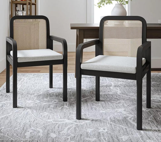 LSGF Luxury Design Traditional Rattan Cane Hulalaz Armchair Accent Chair with Solid Sagwan Wooden Legs Sofa Set for Small Apartments, Living Room or Bedroom (Set of 2 Chairs, Black Deco Finishing)