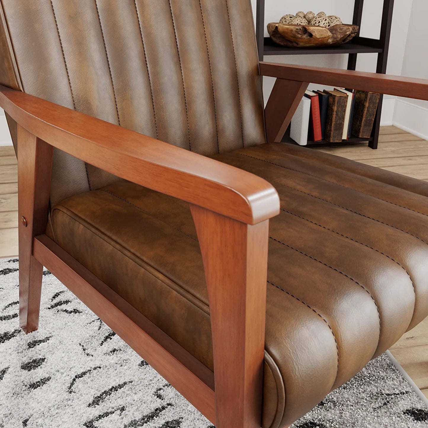 LSFH Unique Design True Innovations Channel Tufted Accent Chair Armchair with Solid Teak Wood Frame, Set of 2, Brown