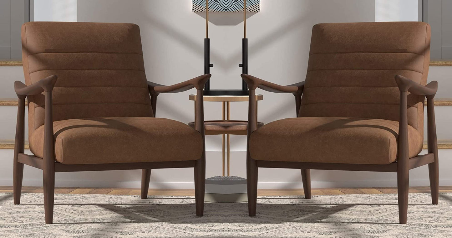 LSFH Unique Design Modern Channel Tufted Accent Chair Armchair with Solid Sagwan Wooden Frame Single Sofa Chair for Small Apartments, Living Room or Bedroom (Set of 2 Chairs, Brown)