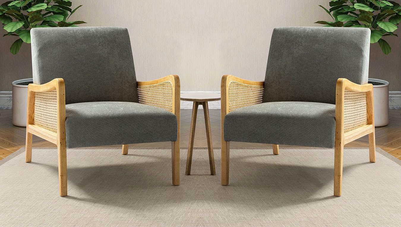 LSFH Unique Design Fabric Upholstered Rattan Cane Accent Chair, Armchair with Solid Teak Wood Frame, Set of 2 Chairs, Grey