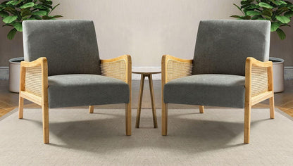 LSFH Unique Design Fabric Upholstered Rattan Cane Accent Chair, Armchair with Solid Teak Wood Frame, Set of 2 Chairs, Grey