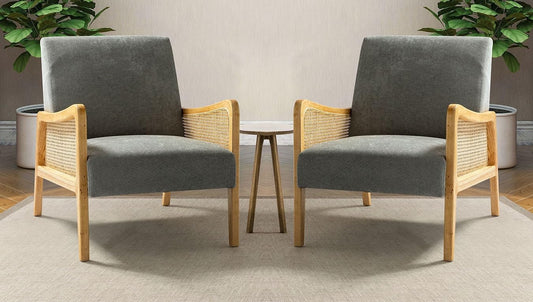 LSFH Unique Design Fabric Upholstered Rattan Cane Accent Chair, Armchair with Solid Teak Wood Frame, Set of 2 Chairs, Grey