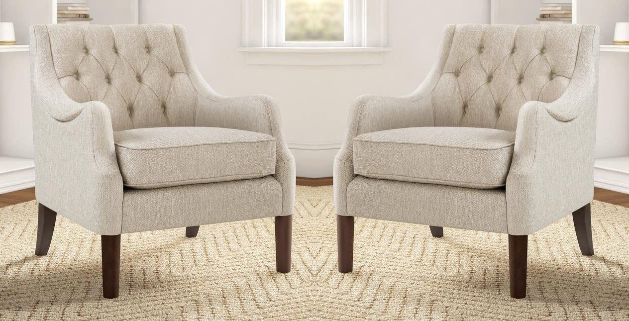 LSFH Unique Design Vinger Button Tufted Fabric Accent Chair Armchair with Solid Sagwan Wooden Frame Single Sofa Chair for Small Apartments, Living Room or Bedroom (Set of 2 Chairs, Beige)