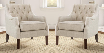 LSFH Unique Design Vinger Button Tufted Fabric Accent Chair Armchair with Solid Sagwan Wooden Frame Single Sofa Chair for Small Apartments, Living Room or Bedroom (Set of 2 Chairs, Beige)