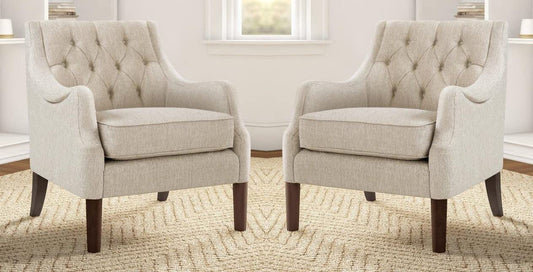 LSFH Unique Design Vinger Button Tufted Fabric Accent Chair Armchair with Solid Sagwan Wooden Frame Single Sofa Chair for Small Apartments, Living Room or Bedroom (Set of 2 Chairs, Beige)