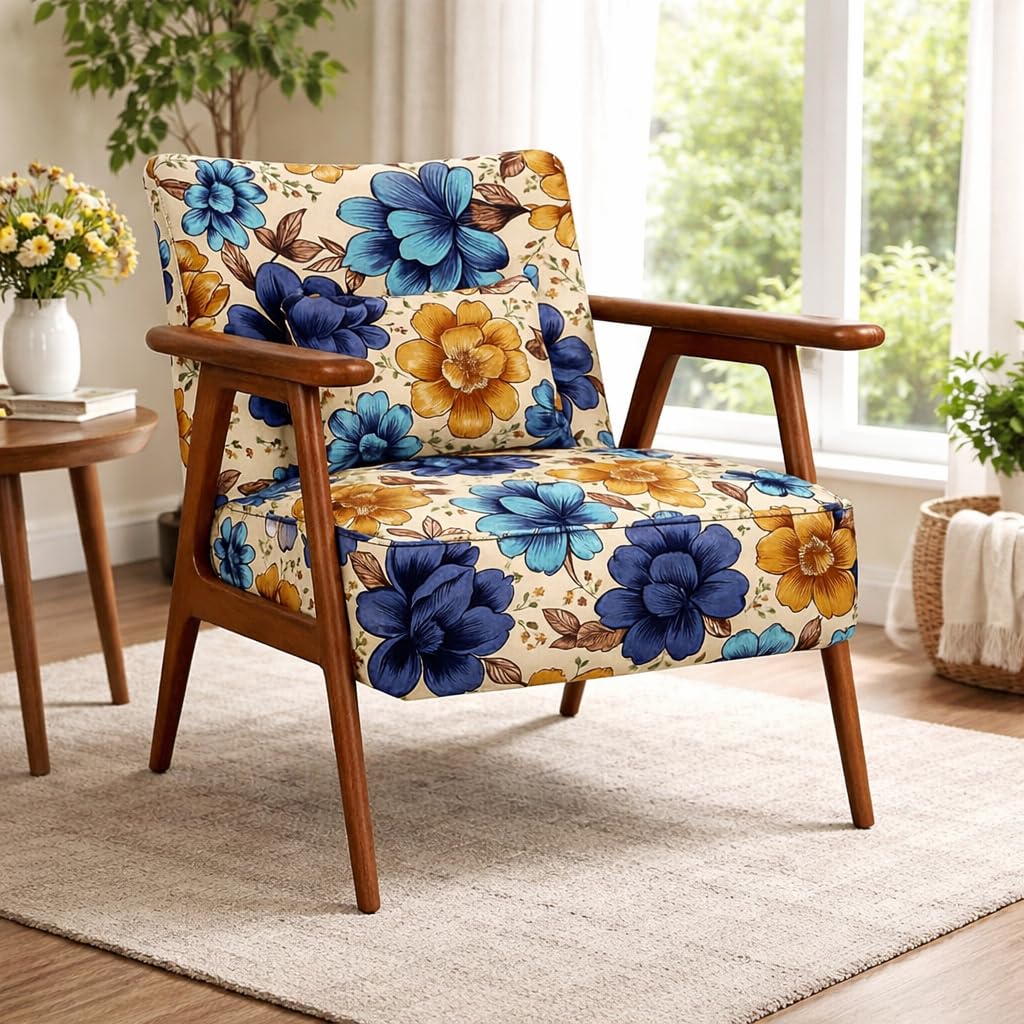 LSFH Unique Design Grcia Hendricks Accent Chair Armchair with Solid Sagwan Wooden Frame Single Sofa Chair for Small Apartments, Living Room or Bedroom (1 Chair, Beige Flower Printed)