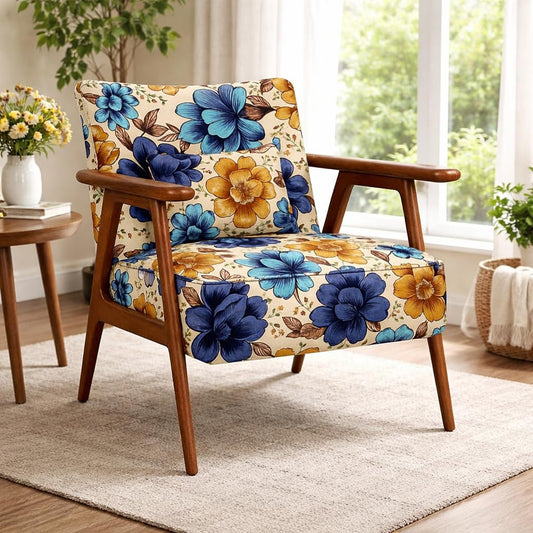 LSFH Unique Design Grcia Hendricks Accent Chair Armchair with Solid Sagwan Wooden Frame Single Sofa Chair for Small Apartments, Living Room or Bedroom (1 Chair, Beige Flower Printed)