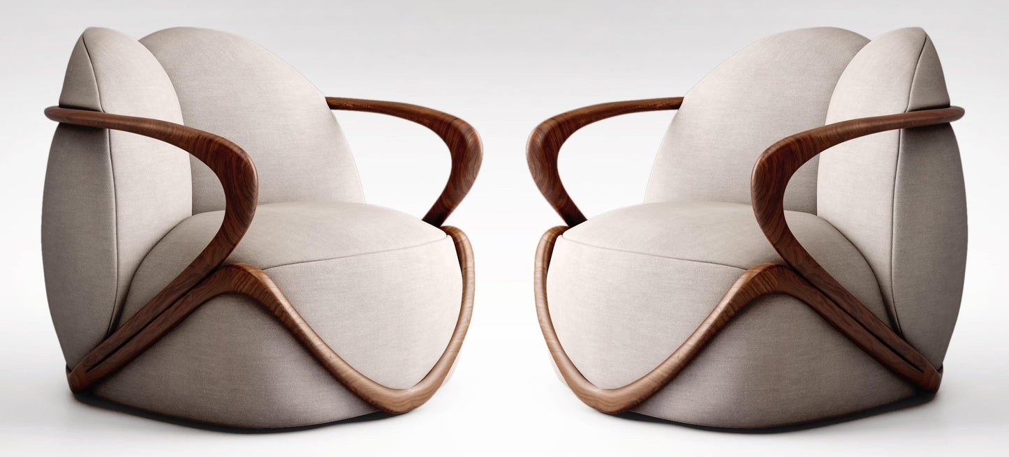 LSFH Unique Design Fabric Upholstered Huge Accent Chair, Armchair with Solid Sagwan Wooden Frame Single Sofa Chair for Small Apartments, Living Room or Bedroom (Set of 2 Chairs, Beige)