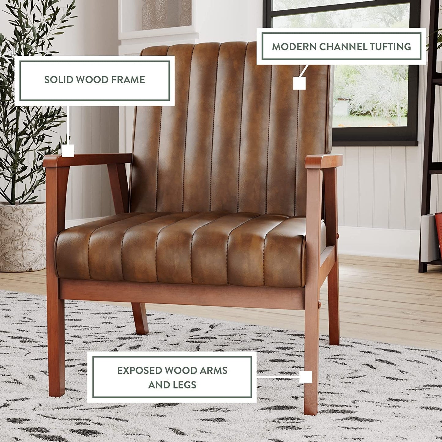 LSFH Unique Design True Innovations Channel Tufted Accent Chair Armchair with Solid Teak Wood Frame, Set of 2, Brown